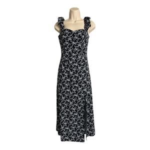 French Connection Dress Women's 8 Black White Floral Ruffle Strap Side Slit 4